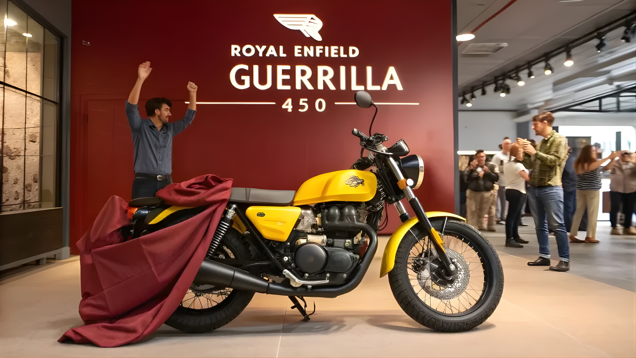 Royal Enfield Guerrilla 450 2025 launched with a new 450cc Sherpa engine, modern roadster design, TFT display, ride modes and dual-channel ABS. Full specs & review inside.